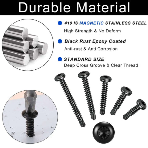Torx Drive Self Drilling Screws Set For Metal In 410 Stainless Black Dacromet Finish Pan Head Tek Screws