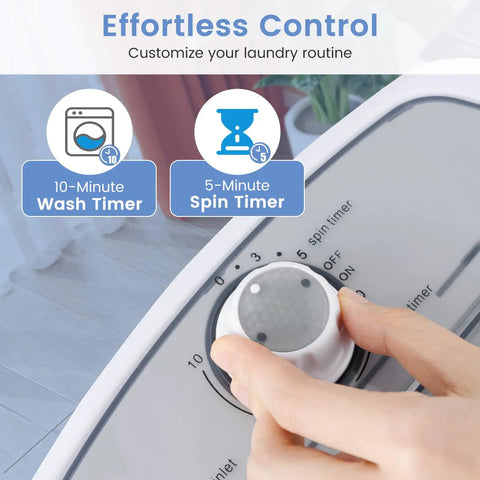 10-minute wash timer and 5-minute spin timer dial on Slick Compact Mini Washer And Dryer Combo for easy laundry control.