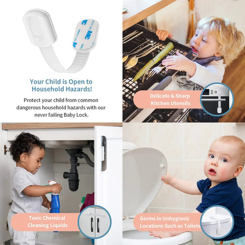 Kid Safe Safety Strap Locks For Fridge Cabinets Drawers Dishwasher And Toilet, Adjustable No Drill Adhesive Locking Straps displayed