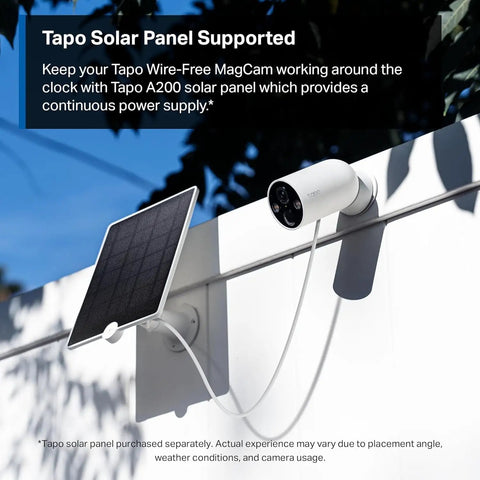 MagCam 2K Plus Outdoor Security Camera with solar panel, wire-free battery power, mounted on wall, view of sky.