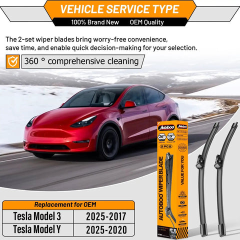 26 Inch And 19 Inch Windshield Wiper Blades For Tesla Model 3 And Model Y 2017 Through 2025 Replacement Pack Of 2 shown with red Tesla