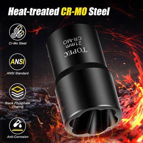Close-up of 21mm Cr-Mo steel bolt extractor from 10 Piece Bolt Extractor Set For Damaged Or Rounded Bolts And Lug Nuts 1/2 Inch Drive Impact Wheel Lock Remover Kit Beefy Grip Spiral Extractors For Rusted Stripped Stubborn Fasteners