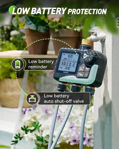 Three Zone Lawn Water Timer With Brass Inlet And Outlet, Independent Scheduling For Each Zone, IP65 Waterproof Sprinkler Timer With Rain Delay, Manual And Automatic Modes, Large LCD Screen, Durable Metal Valves For Reliable Yard Care 2026 Version displaying low battery protection, installed on wall