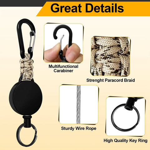 Set Of Four Retractable Keychains With Heavy Duty Carabiner Badge Holders, Extendable Reels, And 23.6 Inch Steel Cord Plus Paracord