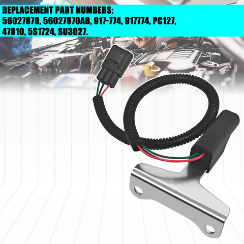 Crankshaft Position Sensor Drop In Direct Fit For Dodge Ram 1500 1997 2003, Ram 2500 1997 2002, Jeep Grand Cherokee 1997 1998, Dakota, Durango Replacement 56027870AB PC127 SU3027 5S1724 image showing sensor with wiring and connecting plug.