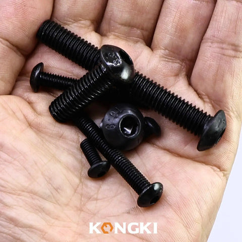 Built Tough As Nails M8 Button Head Socket Screws 45Mm X 1.25 Pitch 10.9 Alloy Steel Black Oxide full thread fasteners in hand.