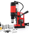 Powerful Magnetic Drill Press Kit With 1400W Corded Motor, 2 Inch Boring Diameter, 810 RPM, 6 Cutters, Safety Gear And Case For Steel And Iron Work, equipment components displayed.