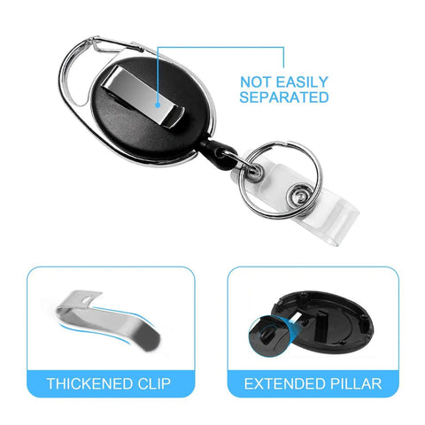 Five Pack Retractable Badge Reels With Carabiner Clip And Key Ring For ID Cards And Keychains Heavy Duty Belt Clip Reels Built For Real Life Workhorse Grade For Office Pros Nurses Students And Everyday Access showing thickened clip and extended pillar features