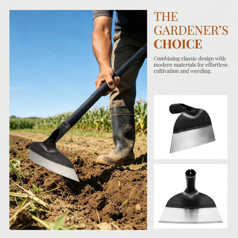 Gardener using Beefy Heavy Duty Garden Hoe Head for Weeding and Digging, Round Eye Hand Hoe Tool with rugged steel construction.