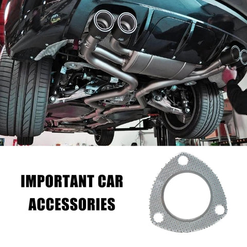 2.5-inch 3-bolt exhaust flange gasket, high-temperature graphite, automotive replacement, shown with car exhaust underside.