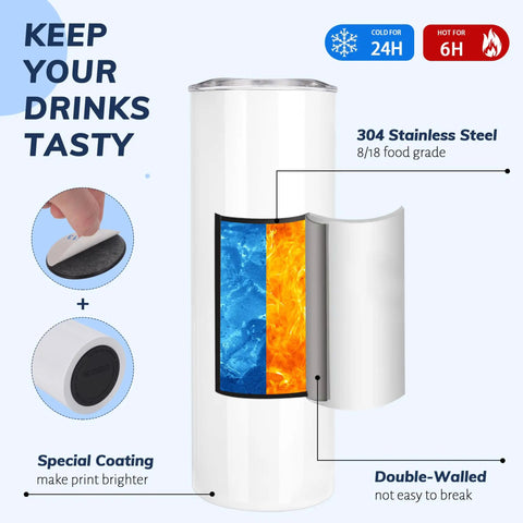 50 Pack 20 Oz White Sublimation Tumblers With Individual Gift Boxes, Straws, Cleaning Brush, Splash Proof Lids, Rubber Bottoms, And Shrink Wrap Film For DIY Heat Transfer Crafts And Personalized Gifts - Insulated Stainless Steel