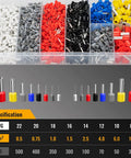 Pro Grade No-Fuss Self-Adjusting Wire Ferrule Crimp Tool Kit with organized 1800 pcs ferrule terminals, color-coded by size.