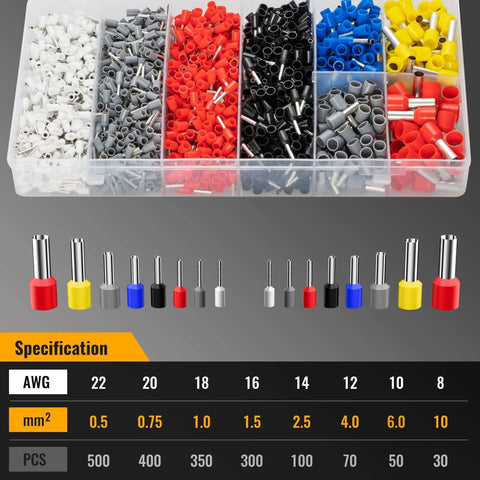 Pro Grade No-Fuss Self-Adjusting Wire Ferrule Crimp Tool Kit with organized 1800 pcs ferrule terminals, color-coded by size.