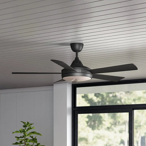 52 Inch Modern Ceiling Fan With Remote And Lights, 3 Color Temperature LED, Old Bronze Finish, 5 Reversible Blades, Dimmable Indoor Ceiling Fan For Kitchen, Bedroom And Living Room, ETL Listed mounted on a white ceiling