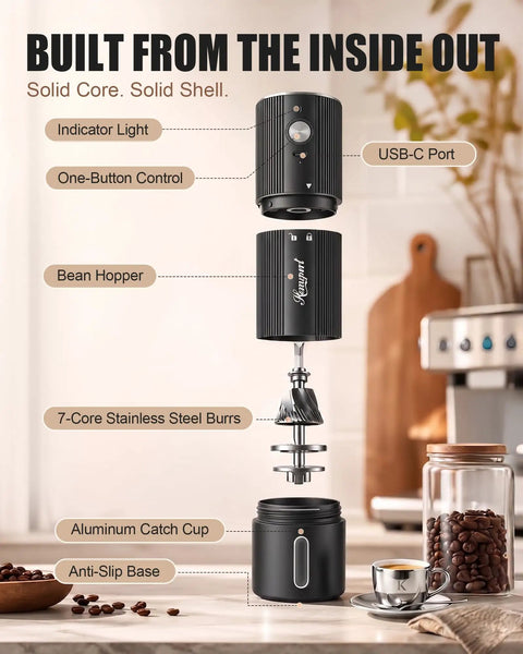Straight Up Fast Electric Burr Coffee Grinder With Heavy Duty Stainless Steel Blades Cordless Rechargeable Unit designed for espresso, showing components including bean hopper.