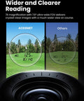 Comparison of game changing golf rangefinder's wider field of view versus others, highlighting on-course image clarity.