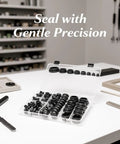 Premium 125 Pcs Black Silicone Plugs Kit With 8 Assorted Sizes For Round Holes Featuring Snap Locking Design And Storage Case To Plug, Seal And Protect Surfaces From Dust Scratches And Fluids In Any DIY Or Automotive Project You Run Across. Open case with black silicone plugs for round holes