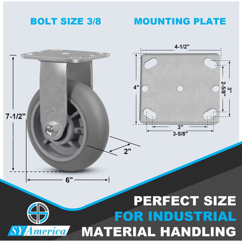 Front view of SY America 6-inch heavy-duty caster wheel with 2-inch-wide thermoplastic rubber, non-marking mounting plate