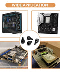 30 Piece M3.5 Thumb Screws 6X32 Standard Six Mil Knurled Phillips Head Fasteners shown in PC chassis, motherboard, hard drive bays setup.