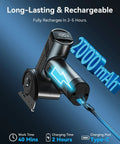 Electric box cutter showing 2000mAh battery, Type-C charging port, and LED display for battery status. Ergonomic design.
