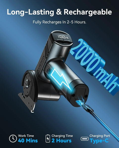 Electric box cutter showing 2000mAh battery, Type-C charging port, and LED display for battery status. Ergonomic design.