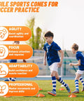 Children playing soccer using agility cones on a field, focusing on agility, focus, adaptability, and professional skills development.