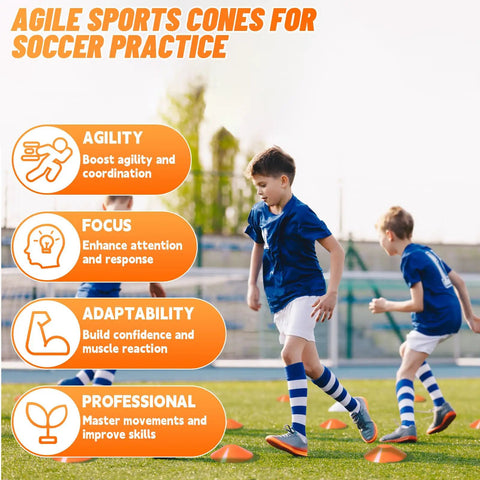 Children playing soccer using agility cones on a field, focusing on agility, focus, adaptability, and professional skills development.