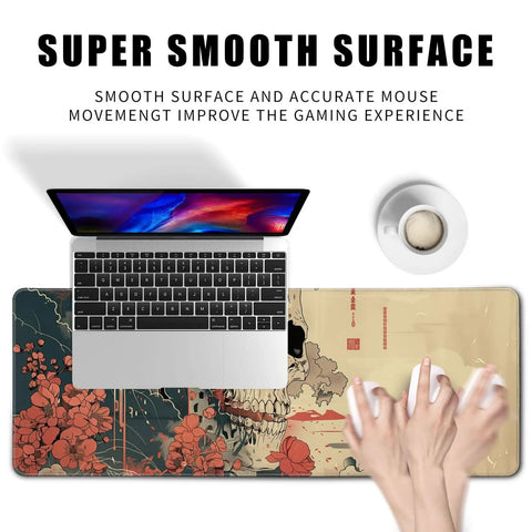 Ukiyoe Anime Skull Mouse Pad XXL Desk Mat For Gaming And Dope Desk Setup, featuring a laptop and coffee cup, non slip rubber base.