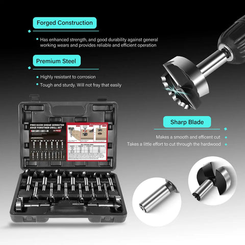 Straight Shooting Precision Forstner Bit Set For Woodworking And Carpentry Smoothly Bores Clean Holes In Hardwood Plywood Composites 16 Piece Pro Drill Kit in case with sharp blades and forged steel design.