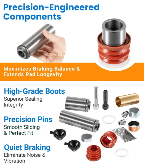 Components of 2 Pack Caliper Guide Pin Kit For Bendix ADB22X Brake Systems Replacement shown, including metal pins and rubber boots.