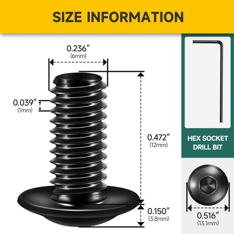 Size details of Twenty Five Pcs M6 X 12mm Flange Button Head Hex Socket Cap Screws Top Shelf 304 Stainless Steel with measurements.