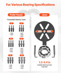 Diagram detailing the Beefy 21 In 1 Bearing Puller Set compatible with various bearings, displaying puller heads and jaws.