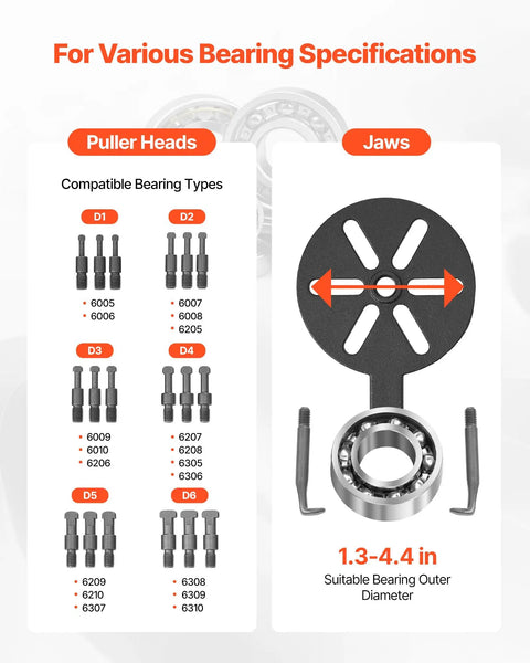 Diagram detailing the Beefy 21 In 1 Bearing Puller Set compatible with various bearings, displaying puller heads and jaws.