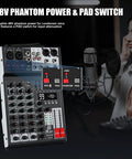 Four Channel Audio Mixer With Dual Microphones, Pro 99DSP Sound Console For DJs, featuring 48V Phantom Power and PAD Switch