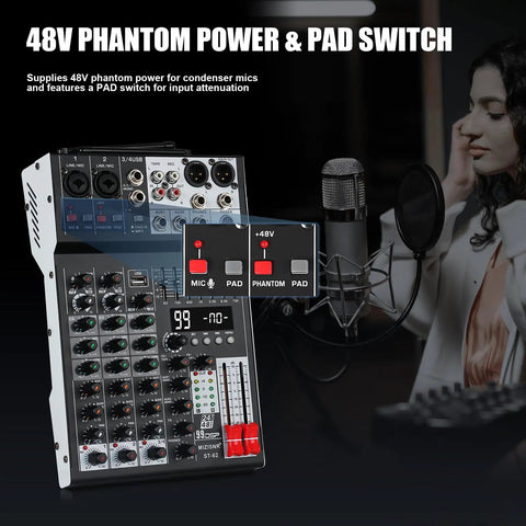 Four Channel Audio Mixer With Dual Microphones, Pro 99DSP Sound Console For DJs, featuring 48V Phantom Power and PAD Switch