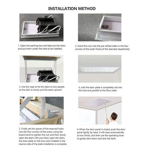 Installation steps for Electric Remote Control Attic Ladder Pull Down Ceiling Stairs Telescoping Carbon Steel Loft Access with tools.