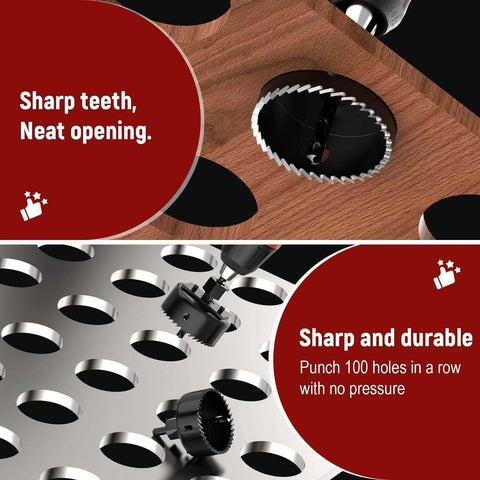 Hole saw kit, 12-piece from Amazon, includes 8 sizes (3/4 to 2-1/2 in), arbors, drill bits, and hex key
