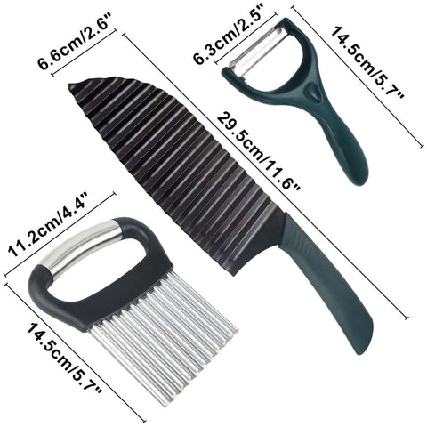 AITRAI 3-piece kitchen tool set: wave crinkle cutter, vegetable peeler, and stainless steel julienne cutter