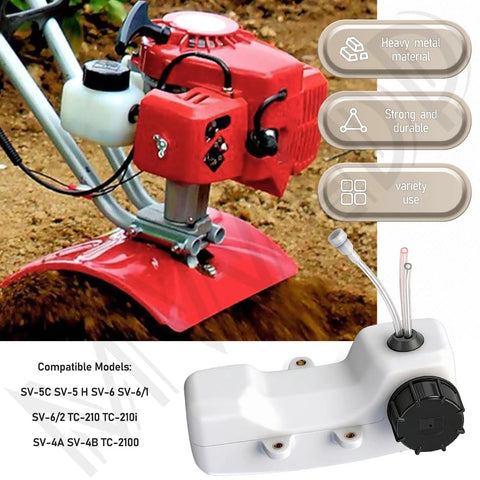 Red two-cycle engine with attached white fuel tank kit, showing compatible models SV-5C, SV-6, TC-210, SRM-210, featuring hoses and cap