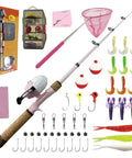 Kids Fishing Pole Set With Rod And Reel Combo Tackle Box Lures Net Bag Pink 59 Inch Sweet Starter Kit For Girls Beginners And Youth Anglers With Easy Setup And Travel Carry Bag Included displayed with all accessories