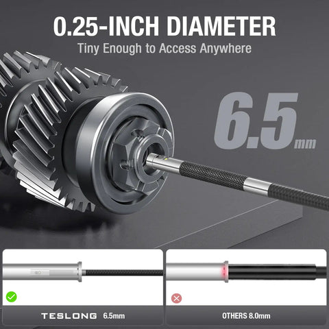Four Way Articulating Borescope With Dual Lens Endoscope, 0.25-inch probe accessing machinery, 1080P HD camera.
