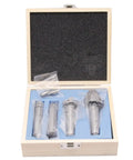 Mt One Wood Lathe Live Center Drive Spur And Cup Dead Center Four Piece Set With Spare Tips in a wooden box showing precision steel tips.