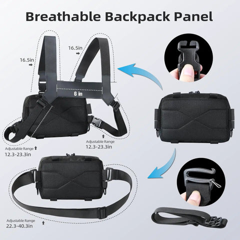 Water Resistant Outdoor Chest Bag For Men With Lightweight Tactical Design and Quick Access Pockets, Black Camo, front and side views