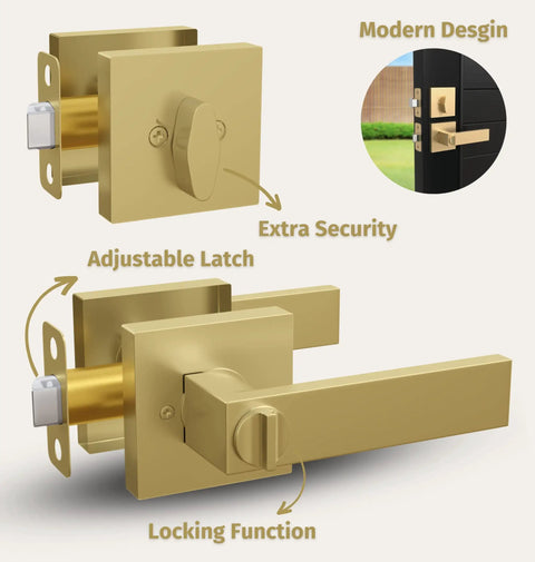 Entry Door Handle Lever And Deadbolt Combo Set With Heavy Duty Locking Levers Single Cylinder Deadbolt Satin Brass Finish