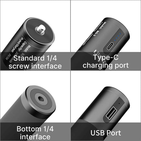 10000mAh Battery Handle Grip For DSLR Action Camera And Smartphone Rig details: 1/4 inch screw, Type-C, USB ports shown