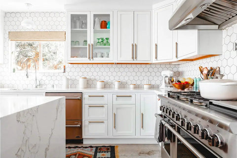 Modern kitchen with Gold Brushed Champagne Bronze Cabinet Handles Set Of Ten Five And One Sixteenth Inch Center To Center.