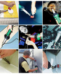 Collage showing 1600W Hot Air Welder Gun For Plastic And Vinyl Projects With Adjustable Temperature And Power, used in various DIY tasks