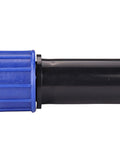 Side view of Raindrip compression swivel adapter with washer; blue cap and black plastic body