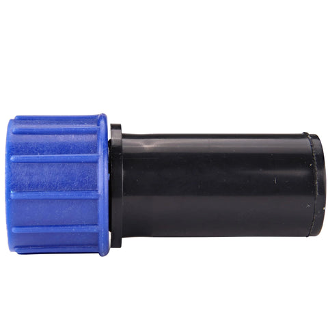 Side view of Raindrip compression swivel adapter with washer; blue cap and black plastic body