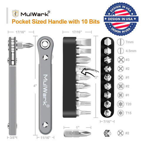 11 Piece Right Angle Screwdriver Set With One Quarter Inch Mini Ratchet Wrench For Close Quarters High Torque Low Profile EDC Tool 90 Degree Offset Reversible Drive Handle Pocket Sized Screwdriver Kit